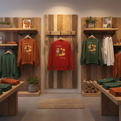 Autumn Magic Classic Sweatshirt with seasonal fall design in warm cozy colors on display in wooden store setting