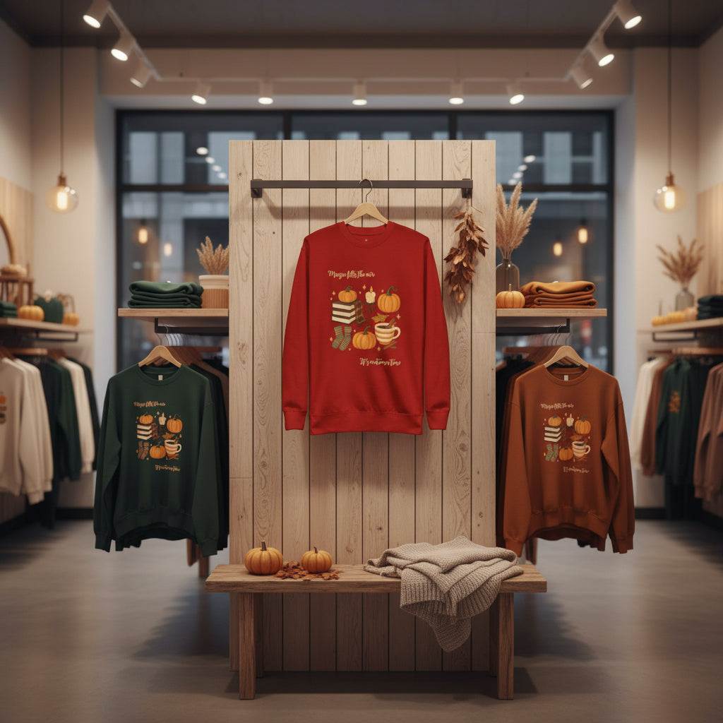 Autumn Magic Classic Sweatshirt in red, green, and brown with cozy autumn-themed design displayed in a warm, stylish store setting
