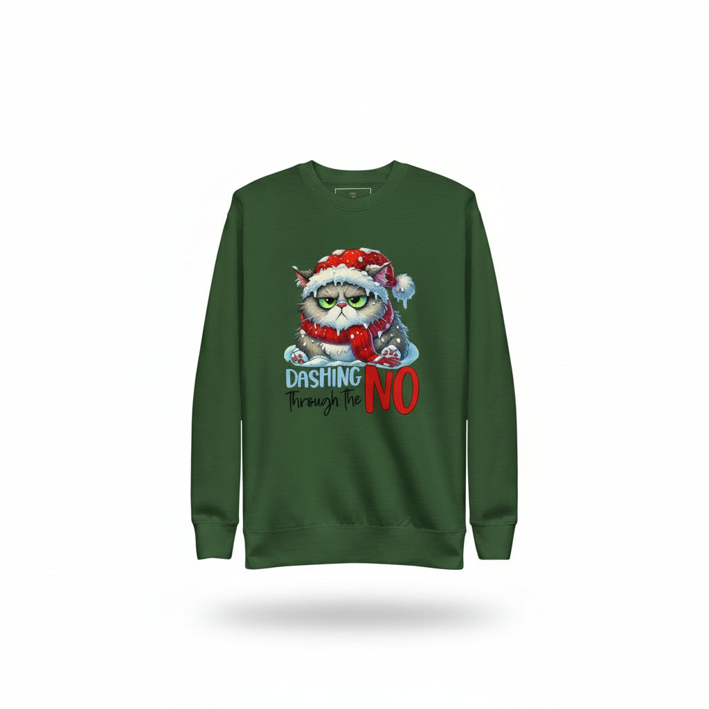 Green Classic Sweatshirt Dashing Through the NO with grumpy cat in Santa hat holiday design in festive decorated room