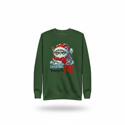 Green Classic Sweatshirt Dashing Through the NO with grumpy cat in Santa hat holiday design in festive decorated room