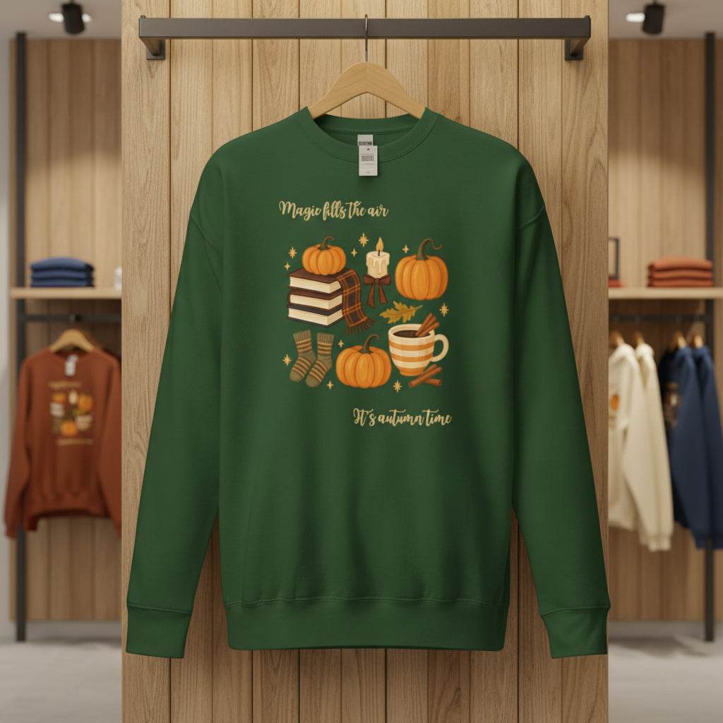 Green Autumn Magic Classic Sweatshirt with fall-themed pumpkin, socks, candle, coffee, and cake design on front
