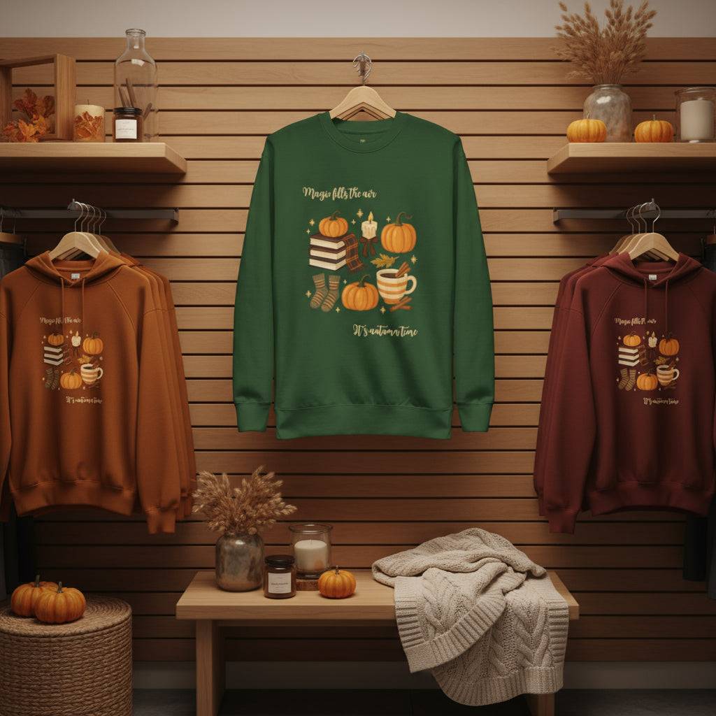 Autumn Magic Classic Sweatshirt in fall colors with pumpkin and cozy autumn design hanging in seasonal decorated room