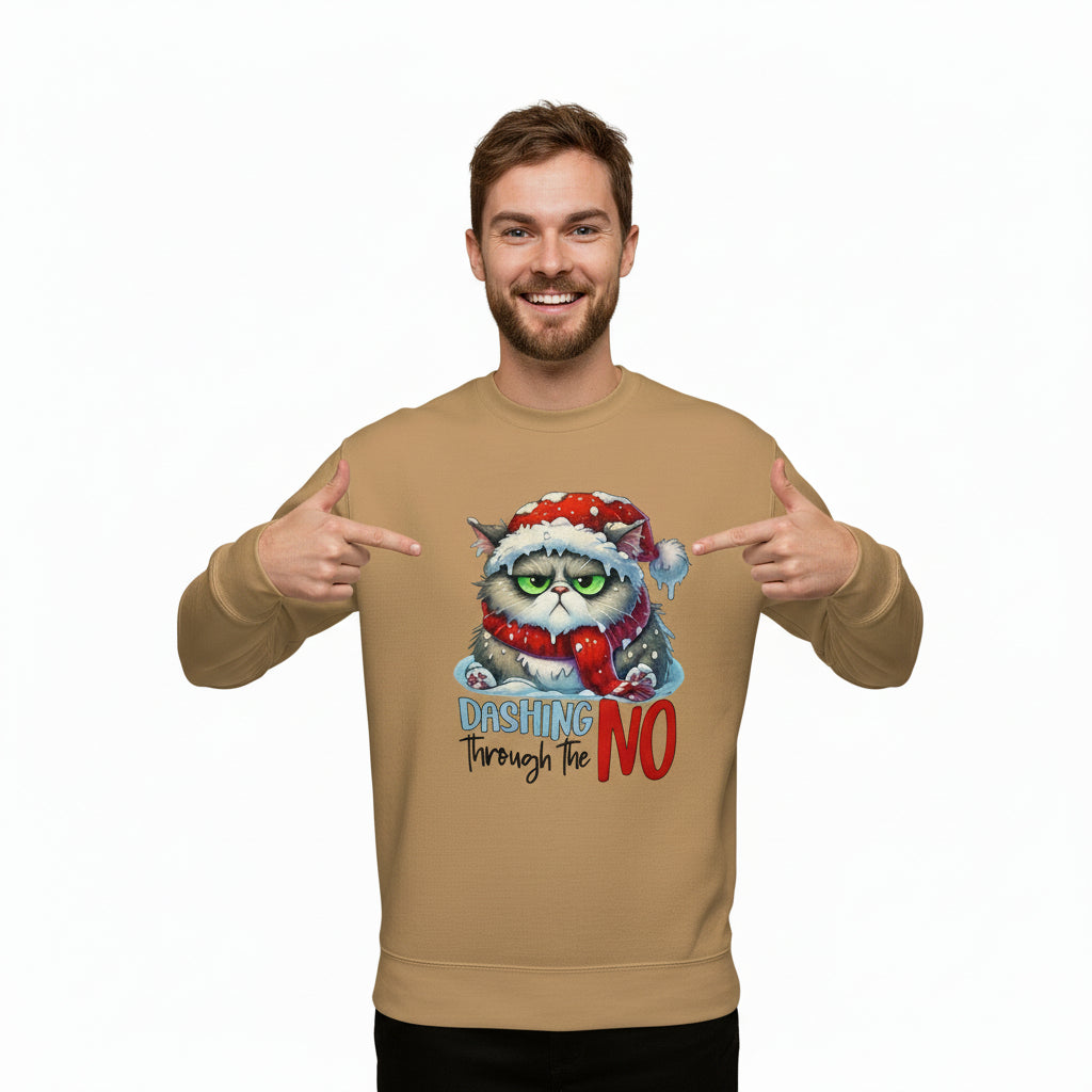 Man wearing Classic Sweatshirt Dashing Through the NO with festive owl design in holiday decorated store
