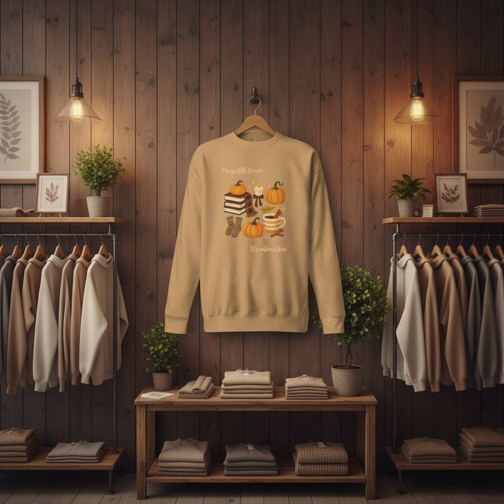 Autumn Magic Classic Sweatshirt beige with fall-themed graphic of pumpkins and cozy items in rustic wooden store setting