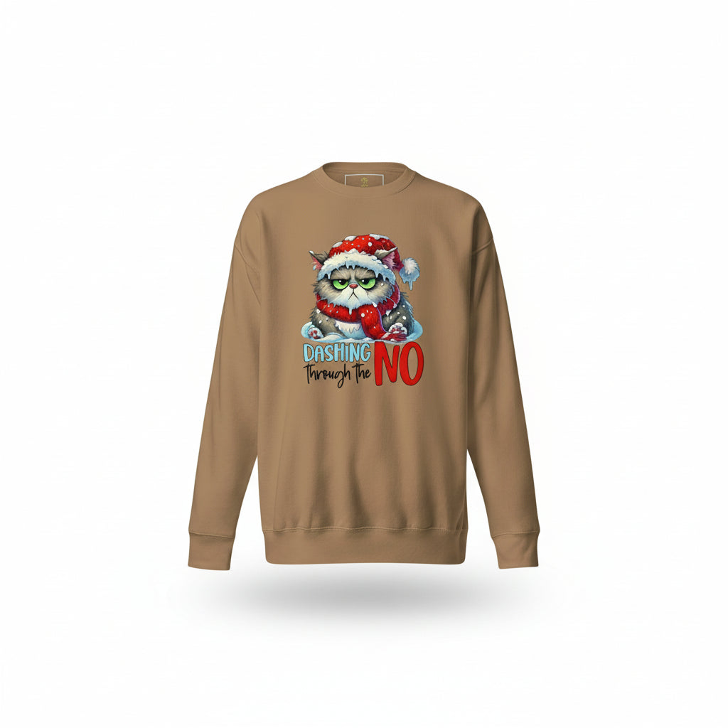 Classic Sweatshirt Dashing Through the NO with grumpy Santa cat design in cozy holiday setting