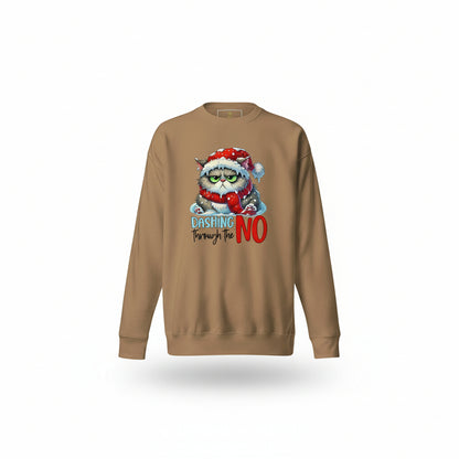 Classic Sweatshirt Dashing Through the NO with grumpy Santa cat design in cozy holiday setting