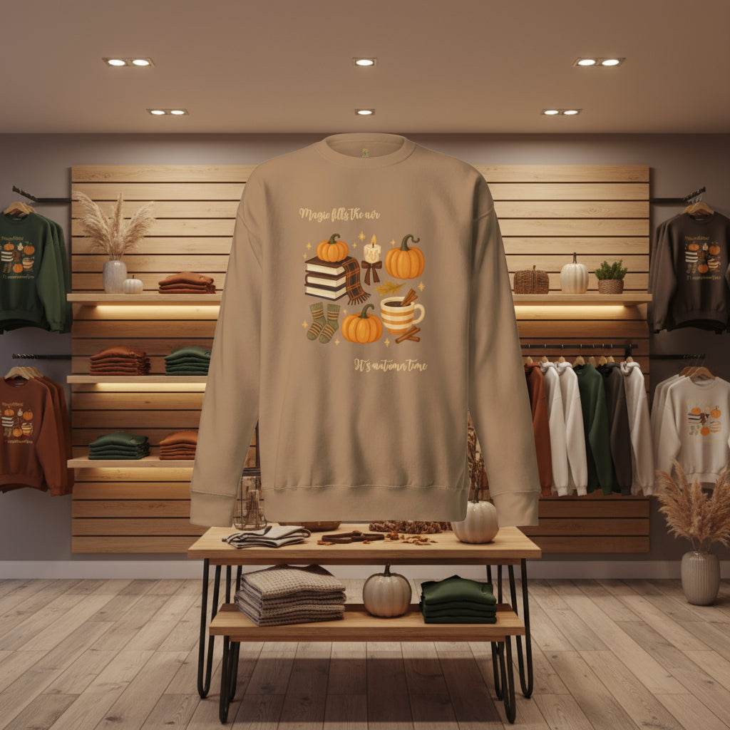 Autumn Magic Classic Sweatshirt with pumpkins, cozy socks, and warm fall design in a soft brown fabric displayed in a cozy store setting
