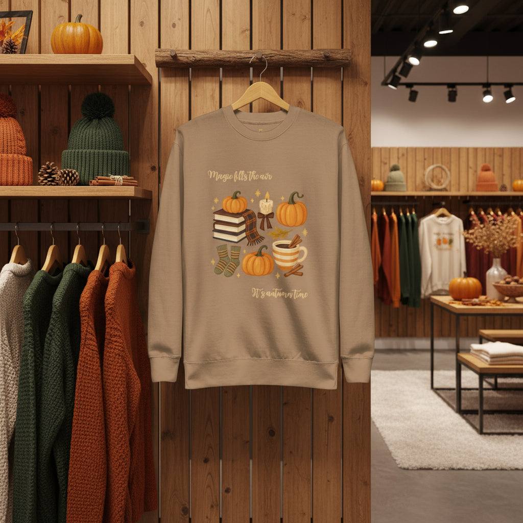 Autumn Magic Classic Sweatshirt warm fall design with pumpkins and cozy elements on beige fabric displayed in store