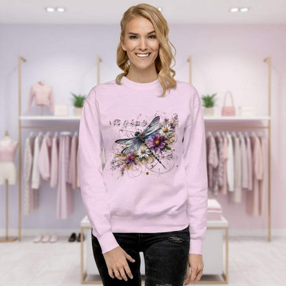 Woman wearing comfy lavender sweatshirt with mystic dragonfly and wildflower art in pastel tones