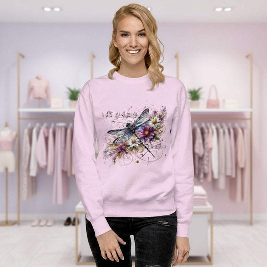 Woman wearing comfy lavender sweatshirt with mystic dragonfly and wildflower art in pastel tones