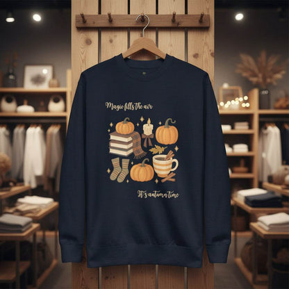 Autumn Magic Classic Sweatshirt with cozy autumn design of pumpkins, books, socks, and warm drink in navy blue color