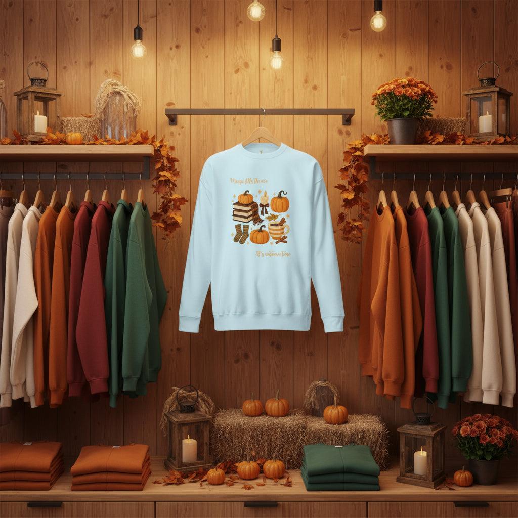 Autumn Magic Classic Sweatshirt with cozy fall-themed design displayed in warm wooden boutique setting with pumpkins and autumn decor.