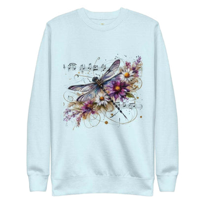 Unisex comfy sweatshirt with mystic dragonfly and wildflower art in sky blue pastel shade