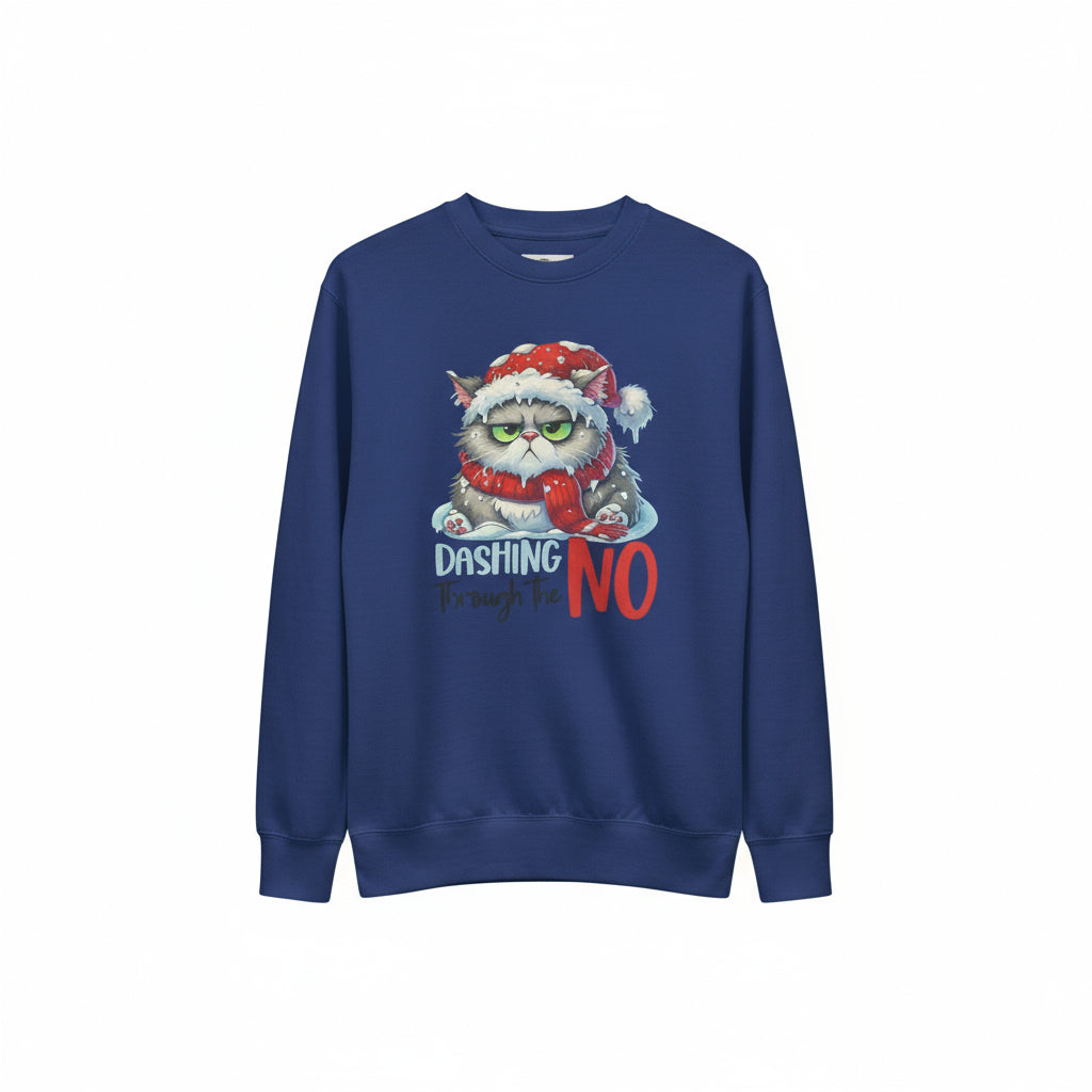 Classic Sweatshirt Dashing Through the NO blue holiday sweatshirt with grumpy cat design hanging on wooden wall with festive decorations