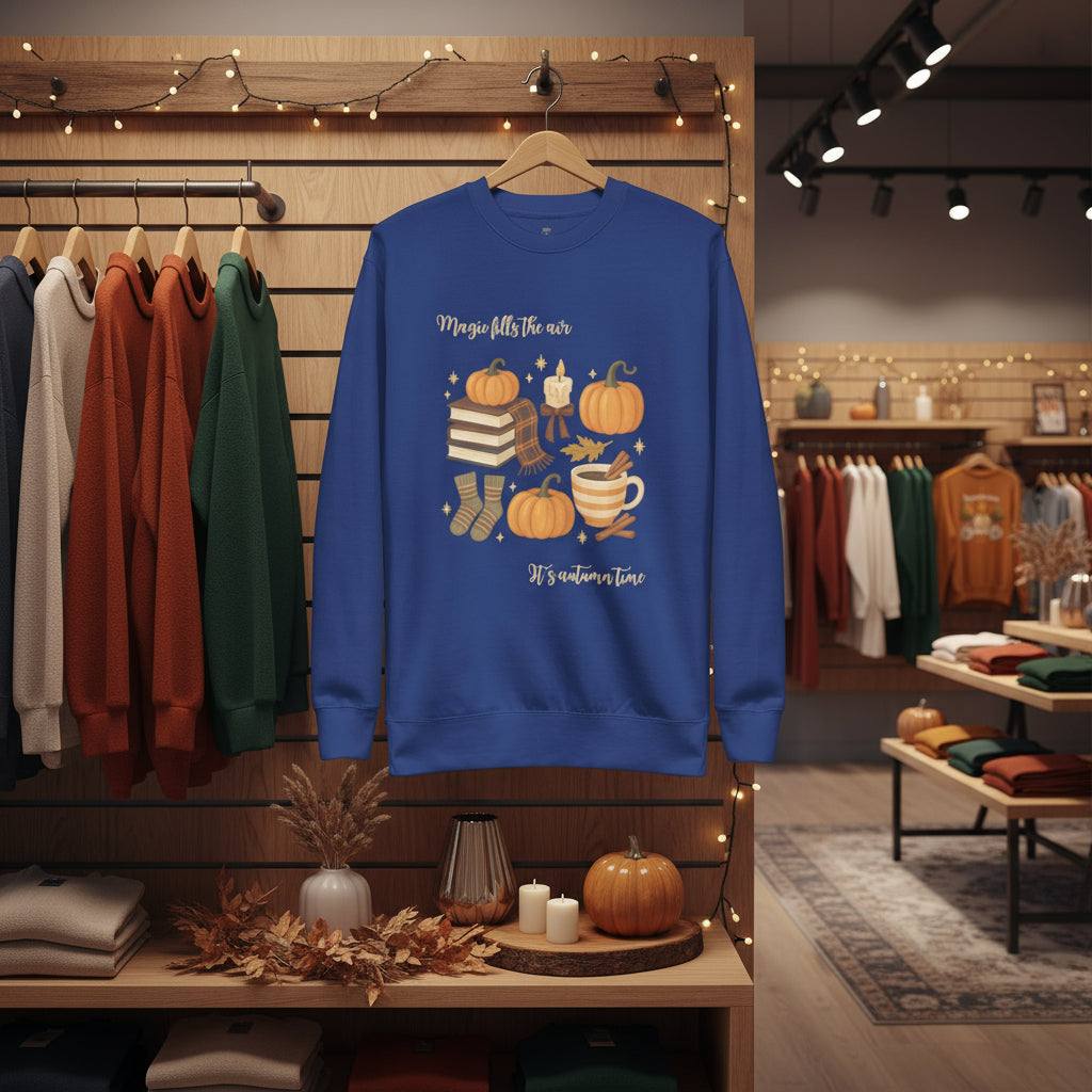 Blue Autumn Magic Classic Sweatshirt with fall-themed design of pumpkins, books, socks, and a cup on hanger in cozy store display