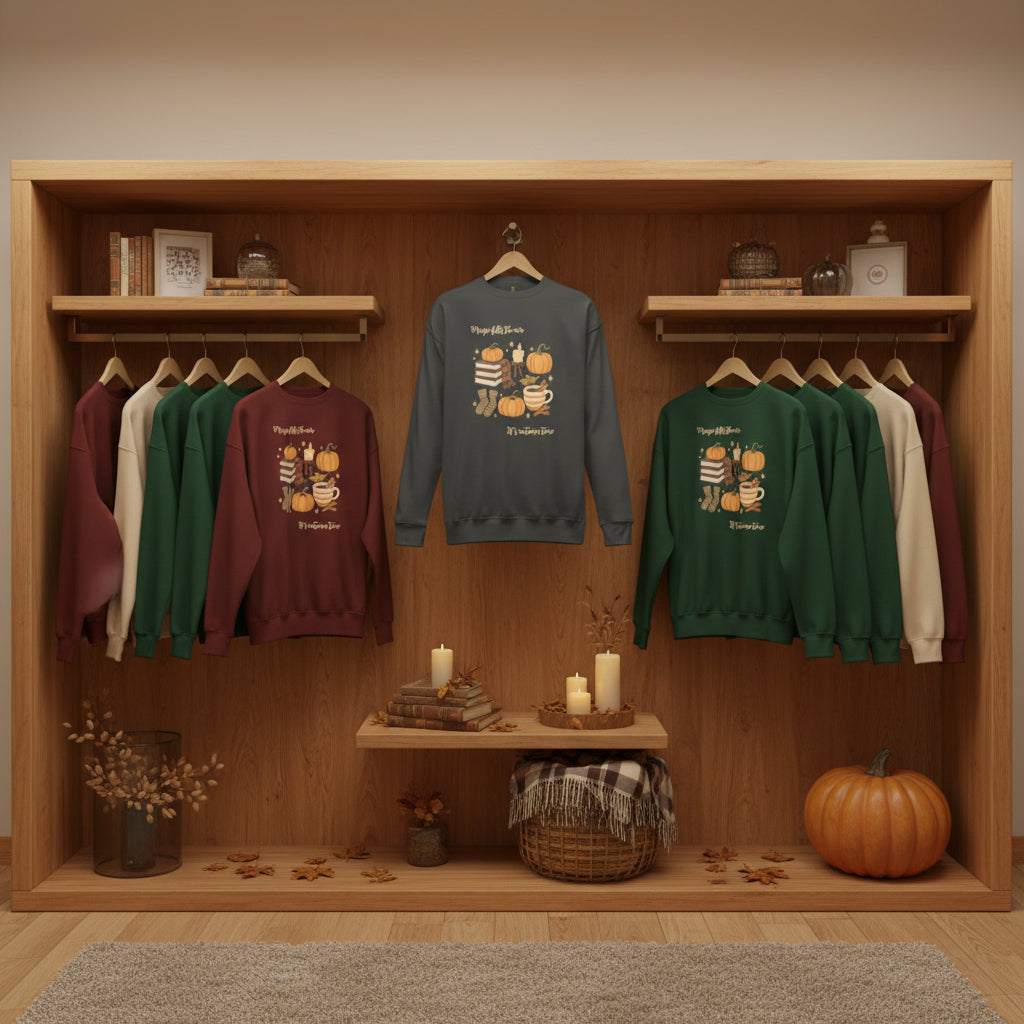Autumn Magic Classic Sweatshirt in fall colors with pumpkin and cozy seasonal design displayed in wooden shelf setting