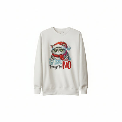 Classic Sweatshirt Dashing Through the NO holiday edition displayed in a festive store setting with Christmas decorations and gift boxes.