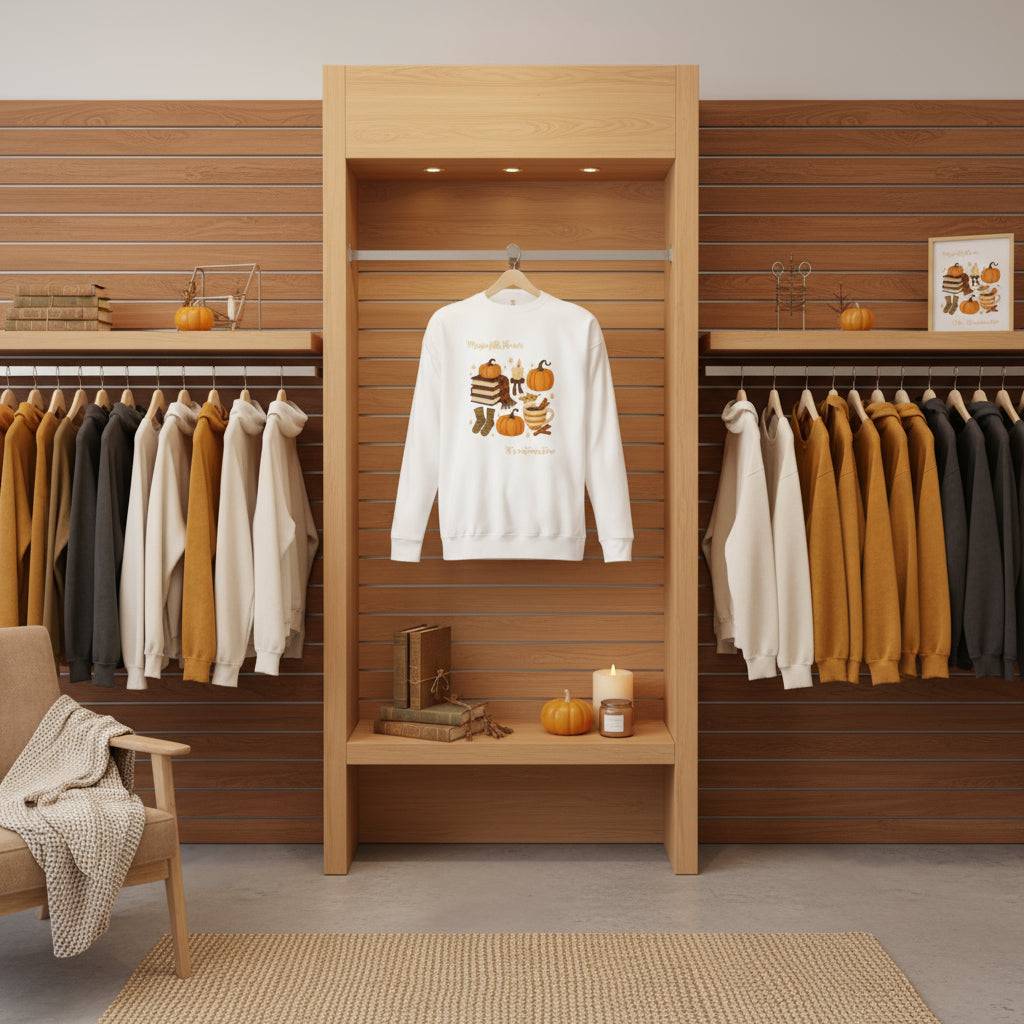 Autumn Magic Classic Sweatshirt white cozy fall design with pumpkins and seasonal motifs displayed in wooden retail setting