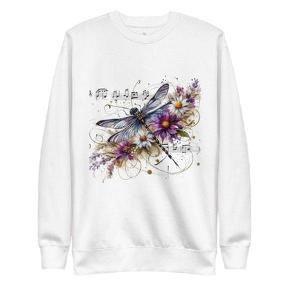 White comfy sweatshirt with mystic dragonfly and wildflower art in purple and lavender tones