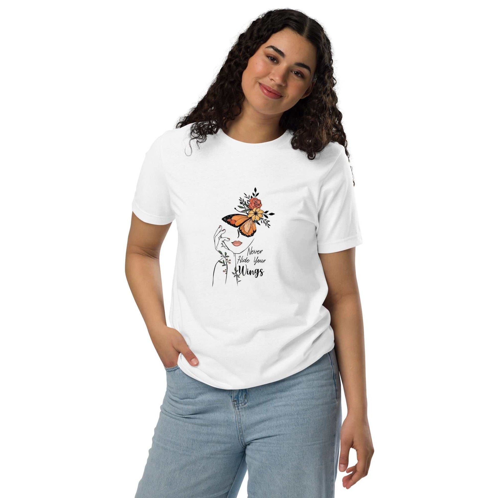 Woman wearing white Butterfly Graphic Organic Cotton T Shirt with orange butterfly and floral design