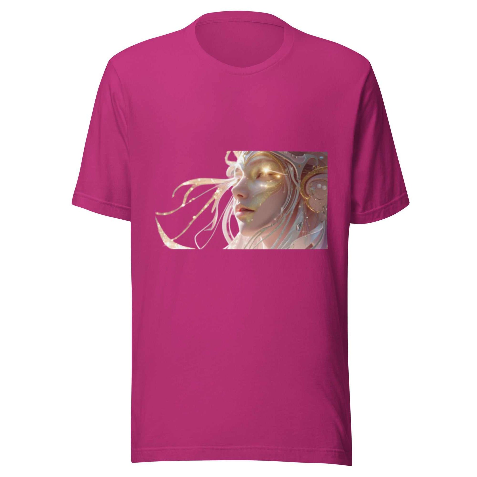 Celestial Glow Goddess T-Shirt in magenta with radiant cosmic goddess artwork on front, made of soft breathable cotton, unisex fit.