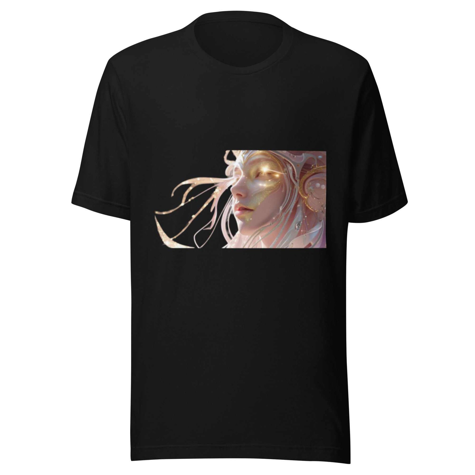 Black Celestial Glow Goddess T-Shirt with radiant cosmic-inspired goddess artwork on front