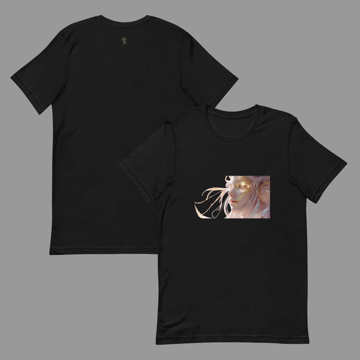 Black Celestial Glow Goddess T-Shirt with cosmic-inspired glowing goddess artwork on front and plain back in unisex fit