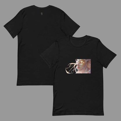 Black Celestial Glow Goddess T-Shirt with cosmic-inspired glowing goddess artwork on front and plain back in unisex fit