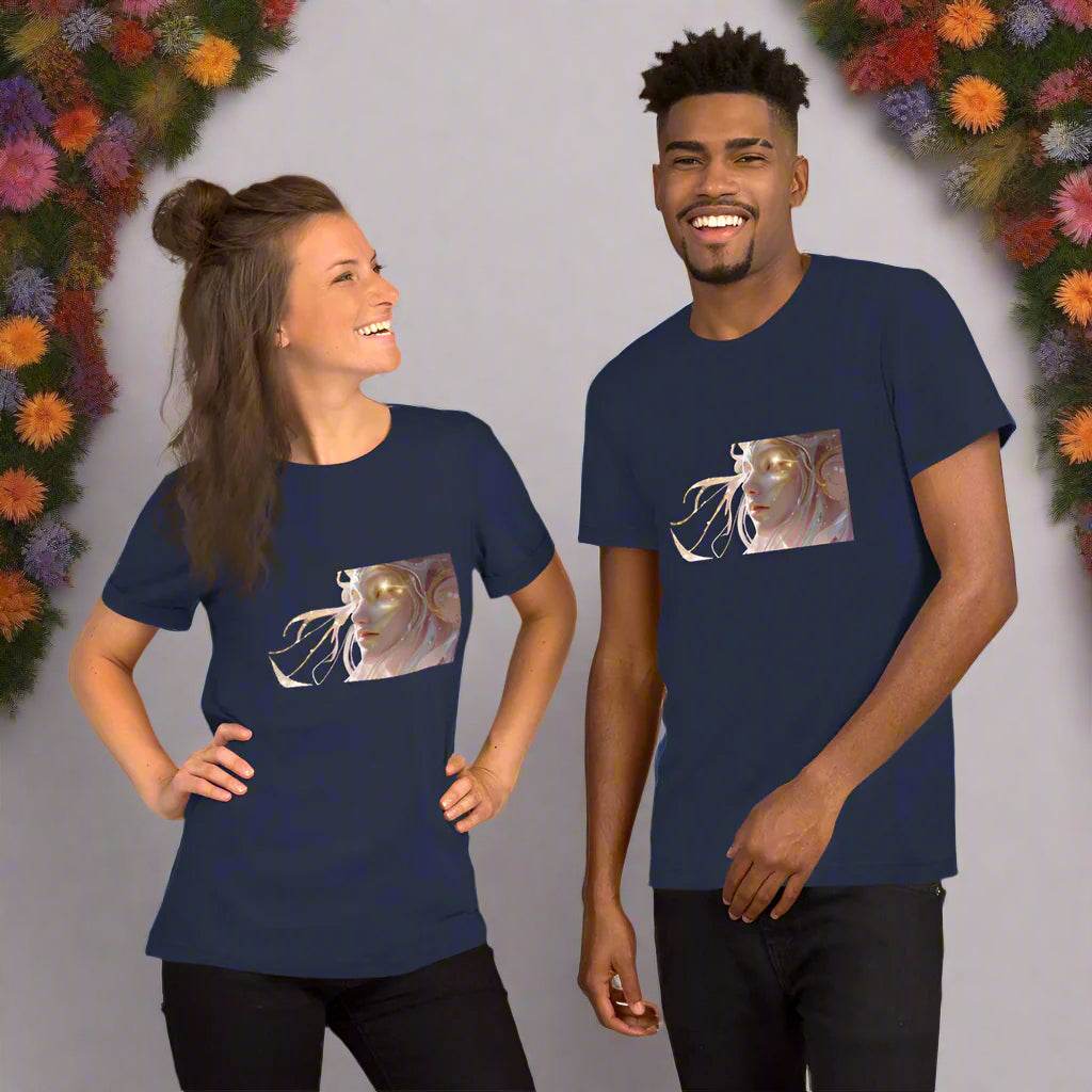 Unisex navy Celestial Glow Goddess T-Shirt with cosmic glowing goddess artwork, made from soft breathable cotton, styled casually by a smiling man and woman.