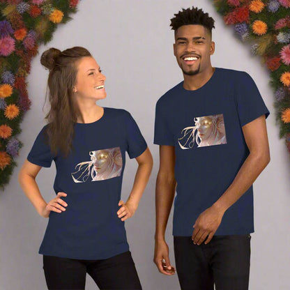 Unisex navy Celestial Glow Goddess T-Shirt with cosmic glowing goddess artwork, made from soft breathable cotton, styled casually by a smiling man and woman.