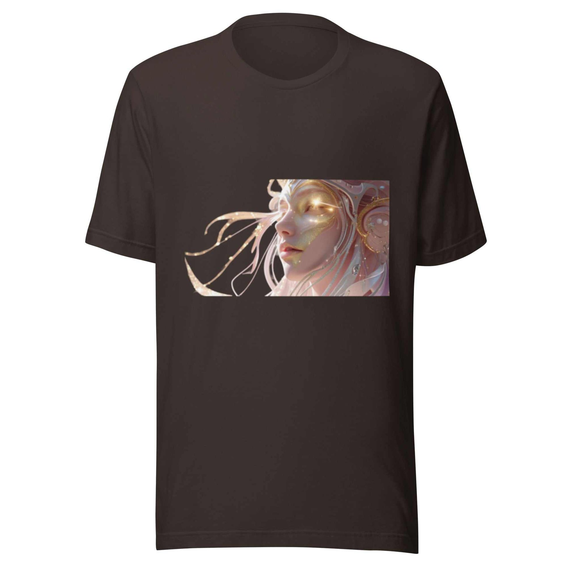 Black Celestial Glow Goddess T-Shirt with radiant cosmic artwork of a mystical goddess face on front