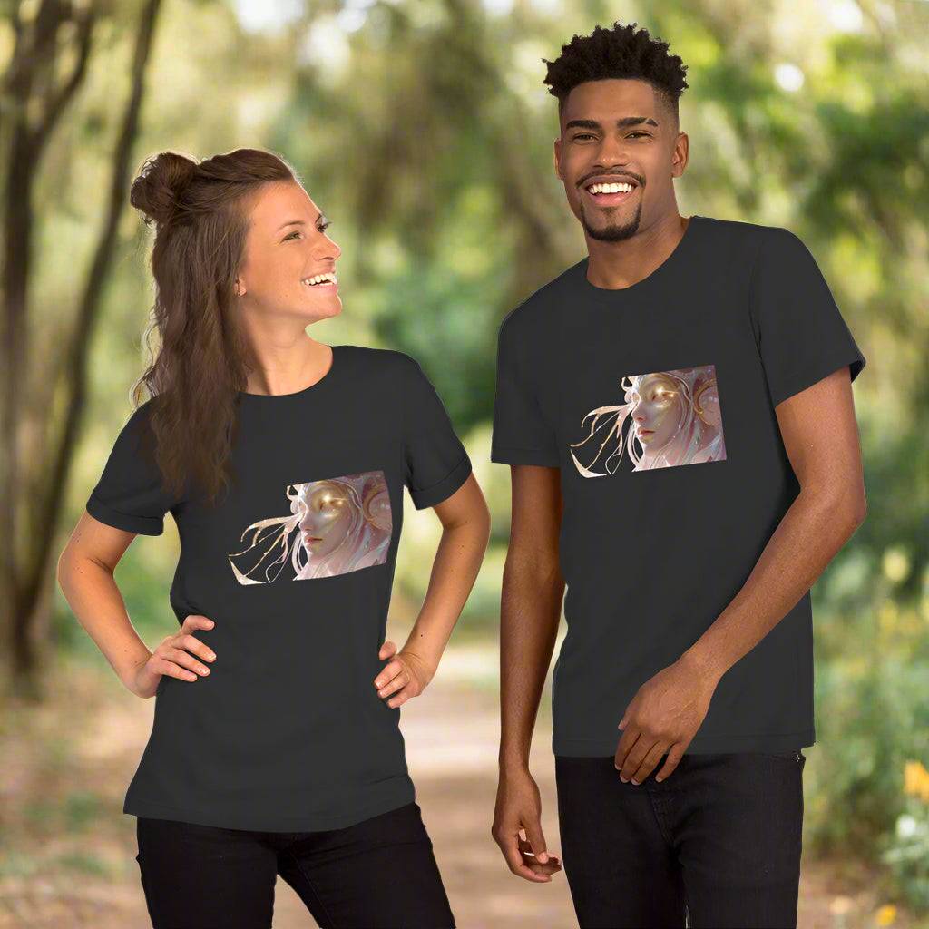 Two models wearing black Celestial Glow Goddess T-Shirts with radiant celestial artwork in a natural outdoor setting