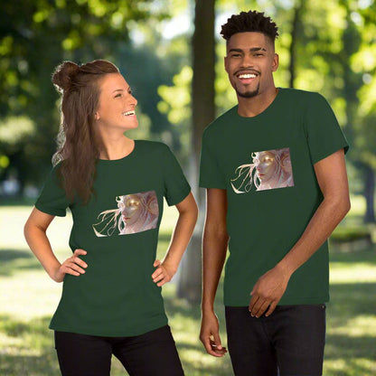 Unisex green Celestial Glow Goddess T-Shirt with cosmic artwork, made of soft breathable cotton.