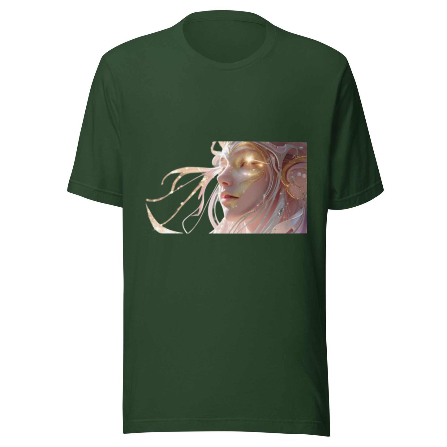 Dark green Celestial Glow Goddess T-Shirt with mystical celestial artwork of a glowing goddess face on front
