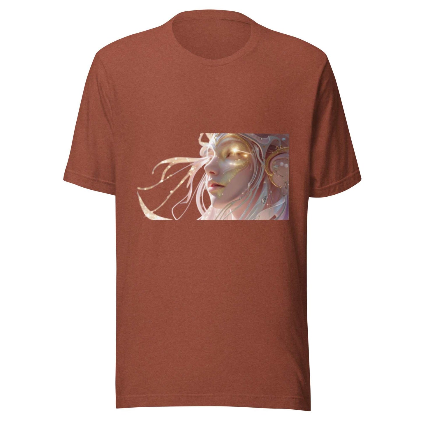 brown Celestial Glow Goddess T-Shirt with radiant celestial artwork and cosmic-inspired design