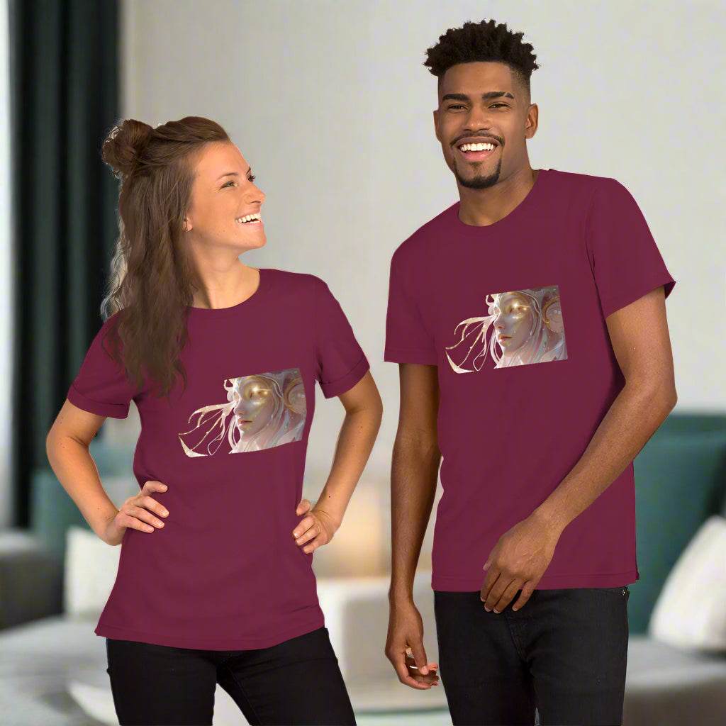 Unisex Celestial Glow Goddess T-Shirt with cosmic artwork in maroon, soft breathable cotton for casual style