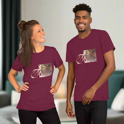 Unisex Celestial Glow Goddess T-Shirt with cosmic artwork in maroon, soft breathable cotton for casual style