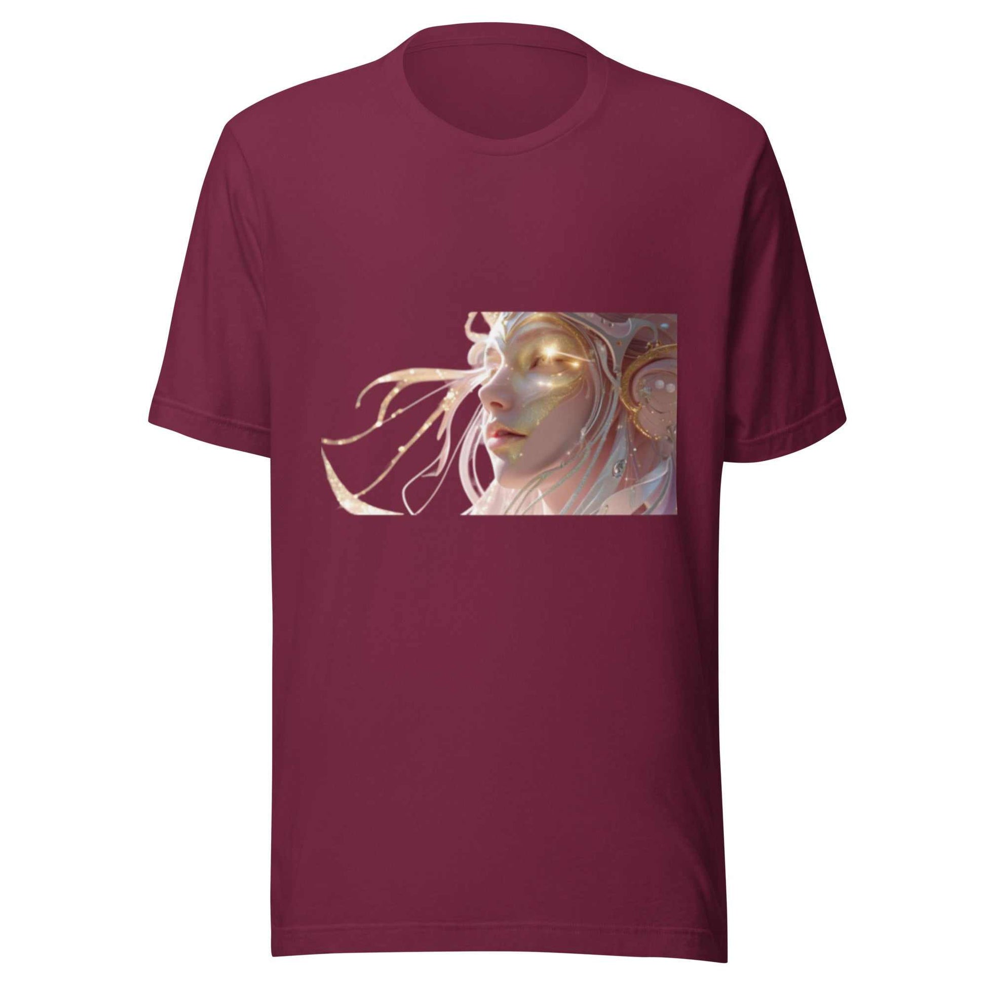 Maroon Celestial Glow Goddess T-Shirt with mystical radiant celestial artwork on front