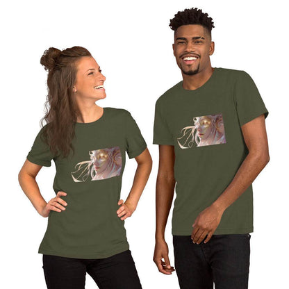 Unisex Celestial Glow Goddess T-Shirt in olive green featuring radiant cosmic artwork, made of soft breathable cotton for comfortable daily wear