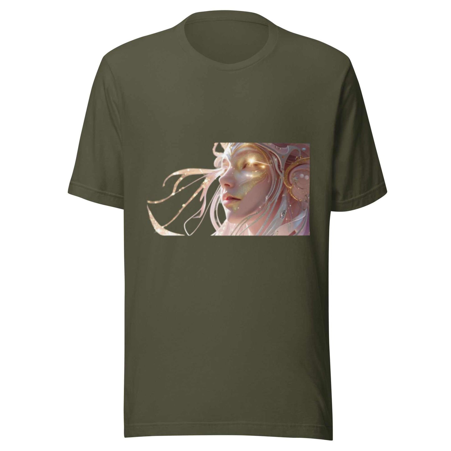 olive green Celestial Glow Goddess T-Shirt with mystical celestial artwork of a glowing goddess face