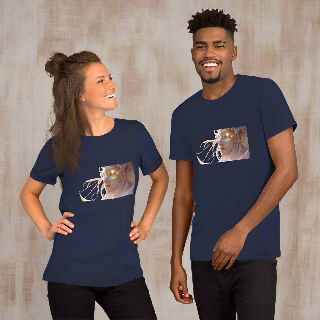 Unisex navy Celestial Glow Goddess T-Shirt with mystical celestial artwork, soft breathable cotton, styled by smiling man and woman