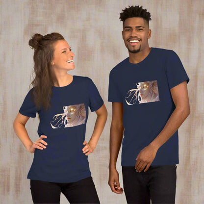 Unisex navy Celestial Glow Goddess T-Shirt with mystical celestial artwork, soft breathable cotton, styled by smiling man and woman
