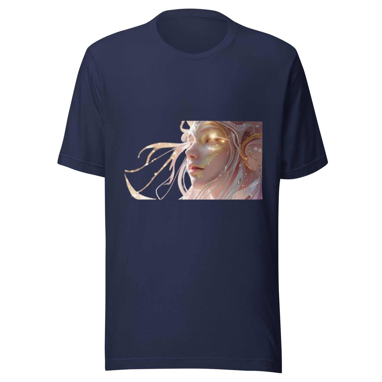 Navy Celestial Glow Goddess T-Shirt with radiant celestial artwork and soft cotton fabric