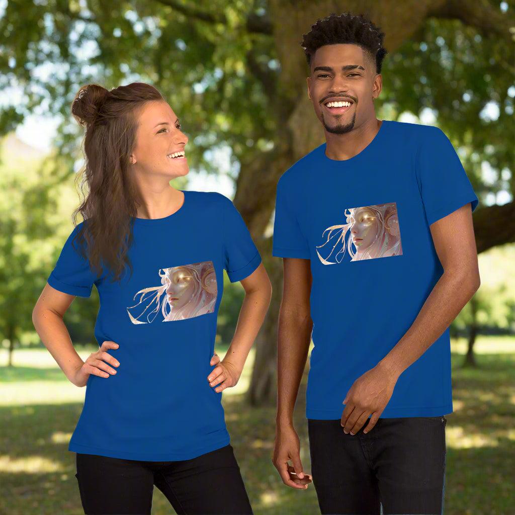 Two models wearing blue Celestial Glow Goddess T-Shirts with mystical celestial artwork outdoors