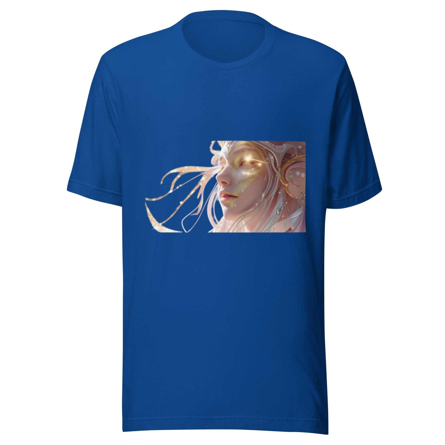 Celestial Glow Goddess T-Shirt in blue with mystical glowing female face artwork, soft breathable cotton unisex fit tee
