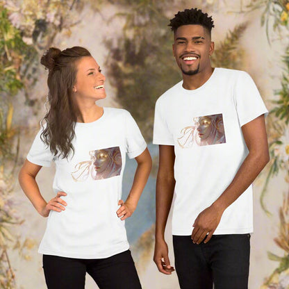 Unisex Celestial Glow Goddess T-Shirt with cosmic artwork in white cotton fabric