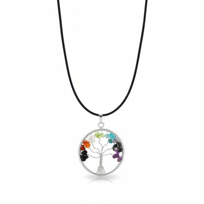 7 chakra ketting met levensboom hanger en zwarte leren ketting voor balans en spirituele groei