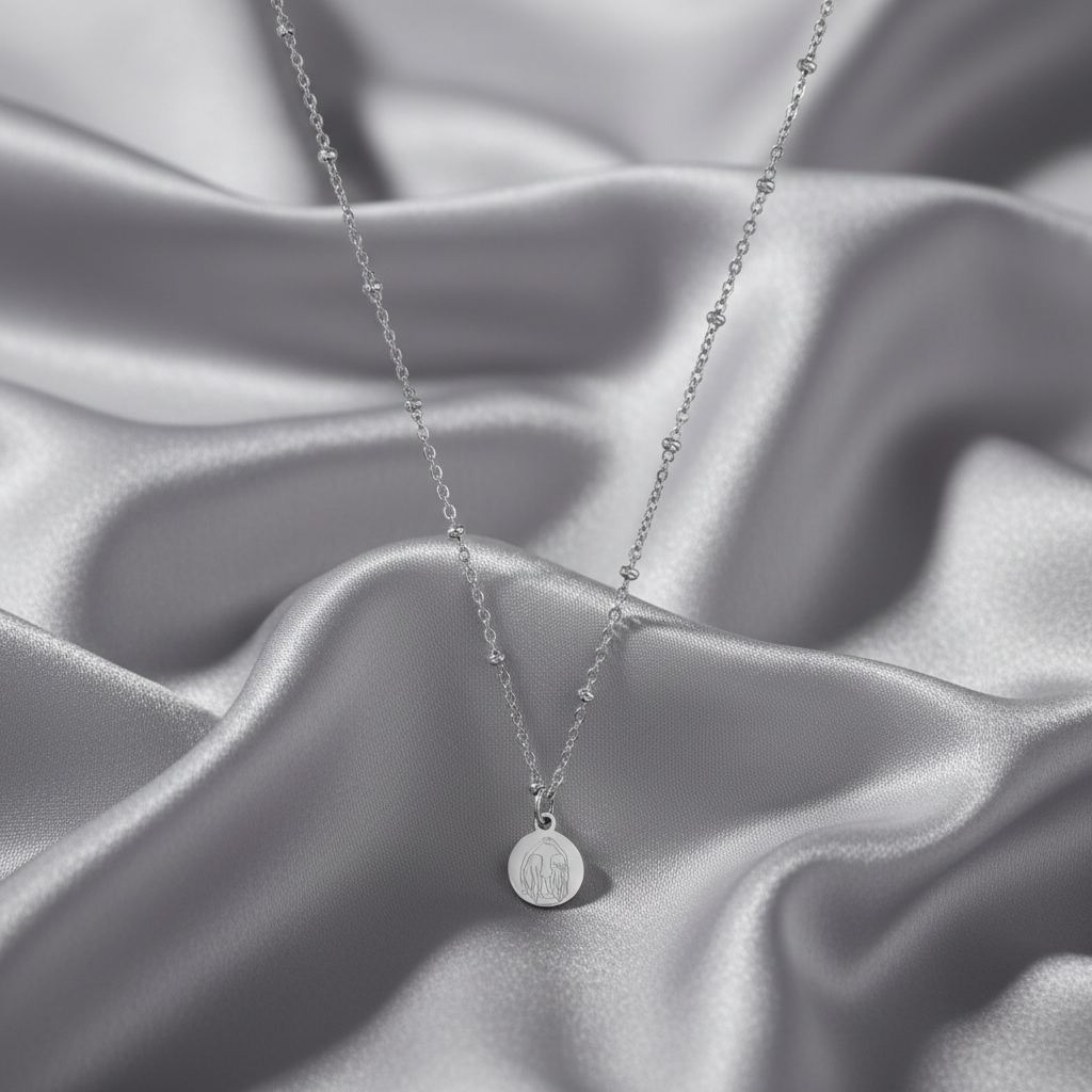 “Detail van gegraveerde bedel van zilveren vriendinnen ketting”