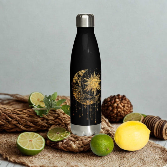 Mystic Sun and Moon Stainless Steel Water Bottle with celestial design, insulated and leak-proof, 17 oz capacity.
