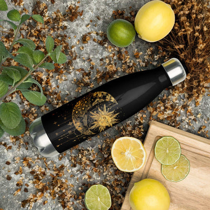 Mystic Sun and Moon Stainless Steel Water Bottle with celestial design, insulated and leak-proof, 17 oz capacity